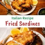 Fried sardines piled up on a round plate.