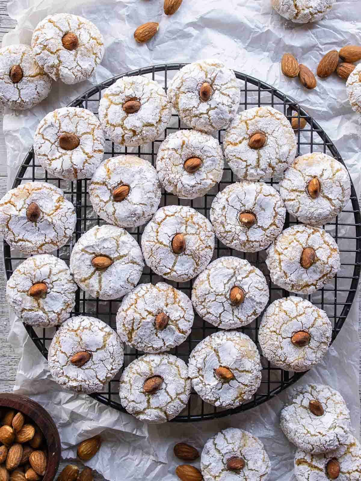 Amaretti Cookies on a round wire rack viewed from above.