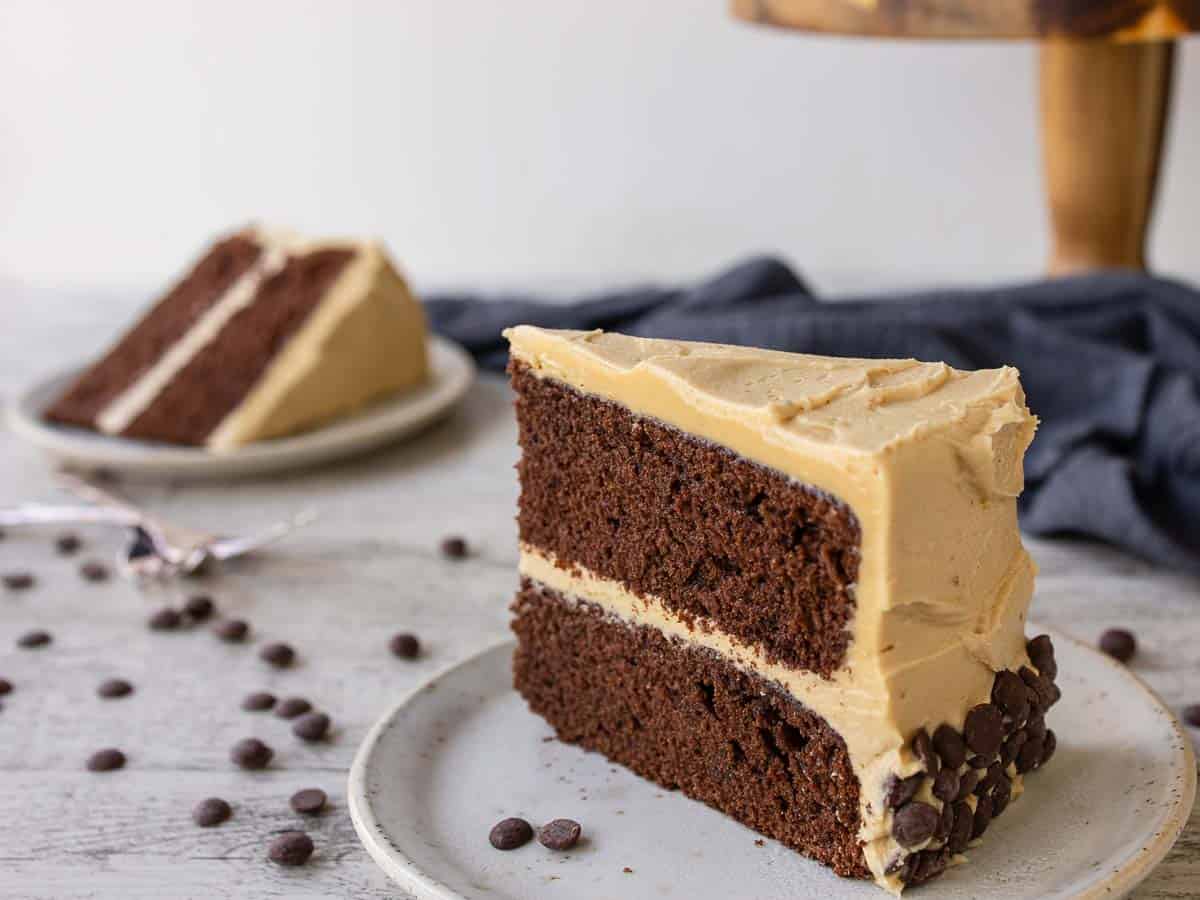 Wedge of two layer chocolate cake with pale frosting.