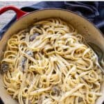 Truffled Pasta in a shallow pan viewed from above.