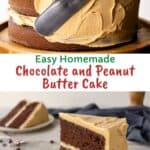 Chocolate and peanut butter cake on a wooden cake stand with a slice cut.