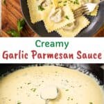 A close-up of a skillet filled with Garlic Parmesan sauce, with a metal spoon resting in it.