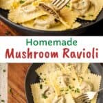 Mushroom Ravioli in a shallow bowl with a sprinkle of chopped parsley.