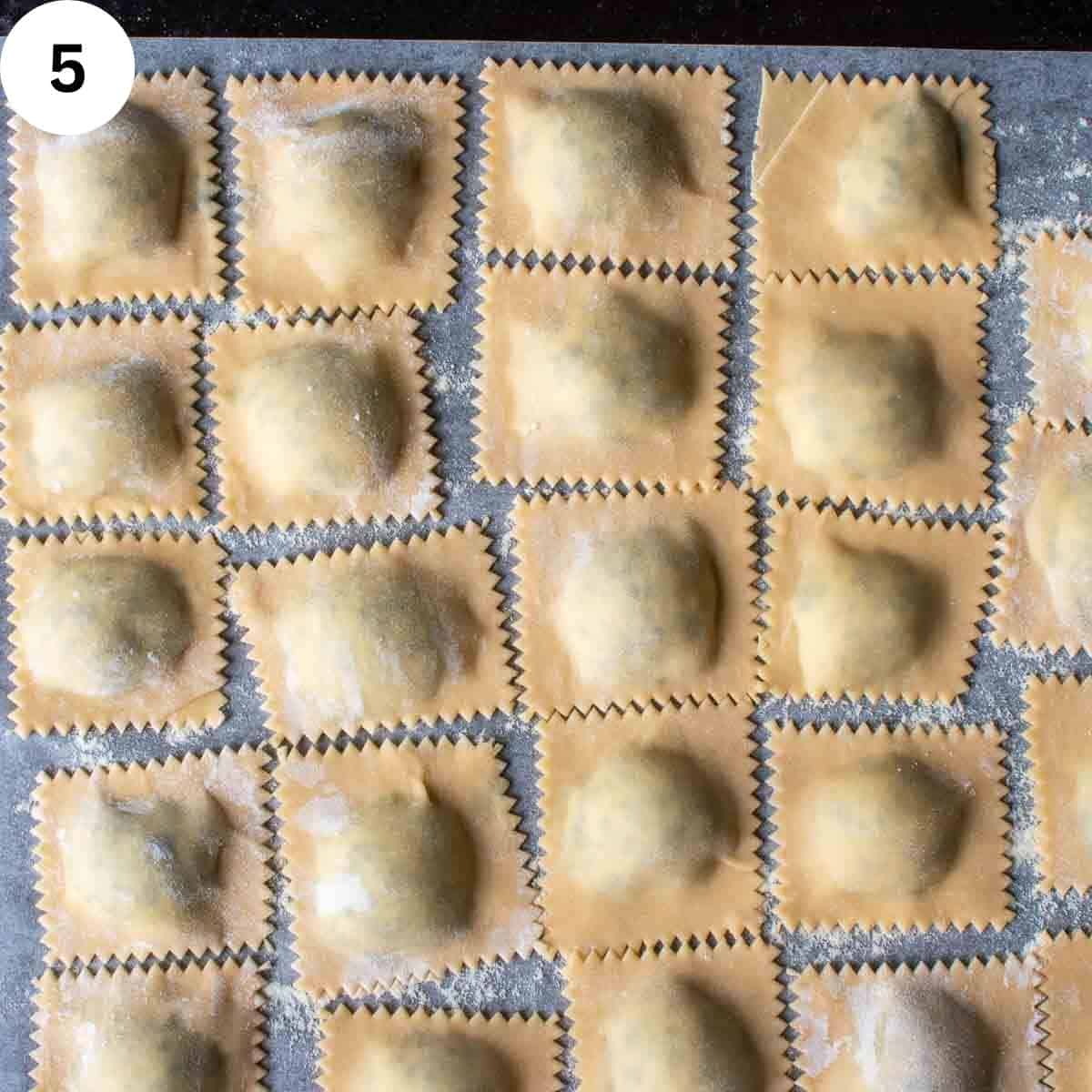 Filled ravioli arrange in one layer on a baking sheet.