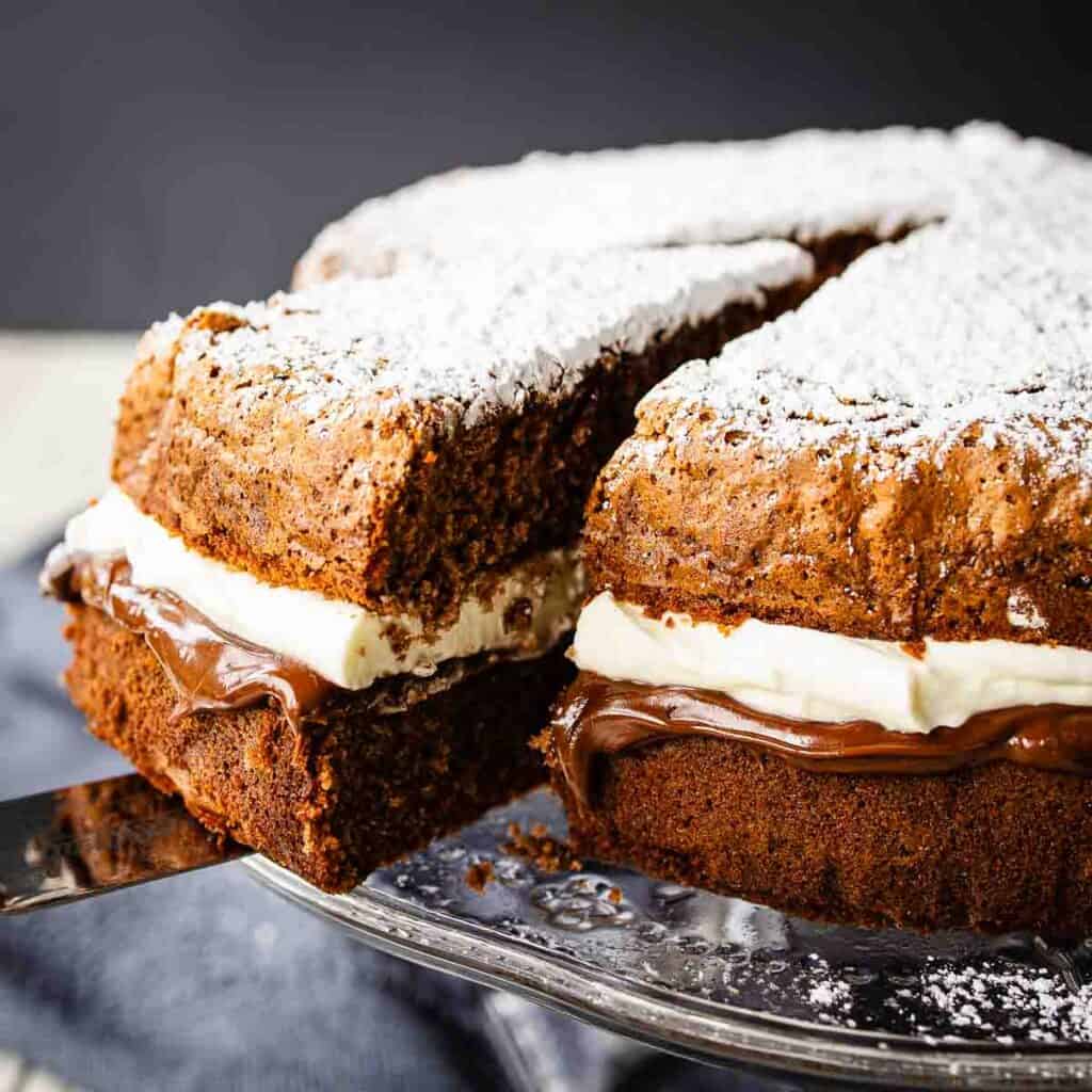A two layered Nutella Cake filled with gooey chocolate and cream with a slice cut.