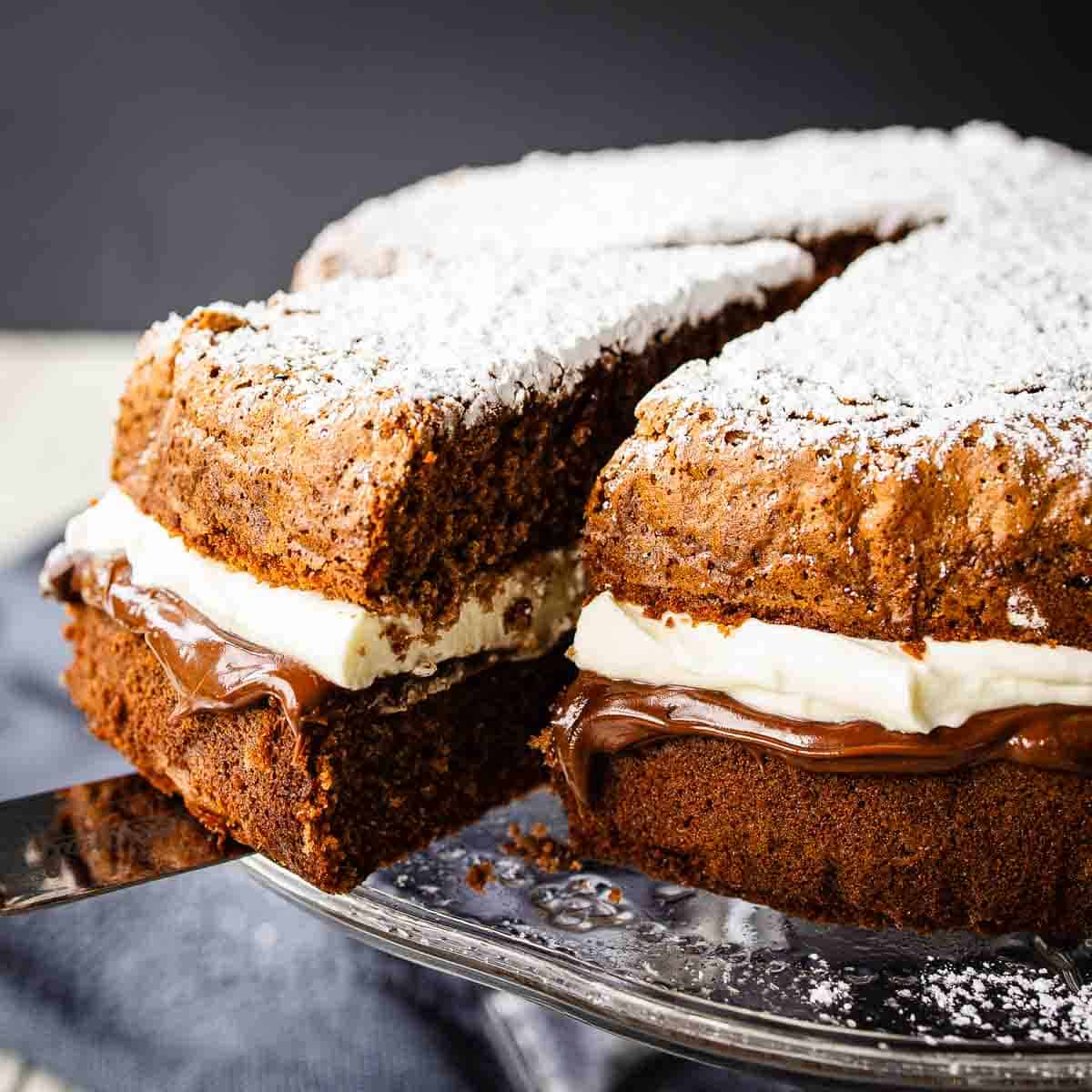 A two layered Nutella Cake filled with gooey chocolate and cream with a slice cut.