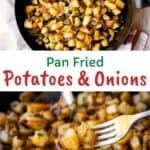 Fried potatoes and onions in a skillet.