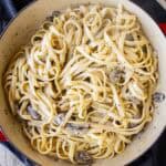 Truffled Pasta in a shallow pan viewed from above.