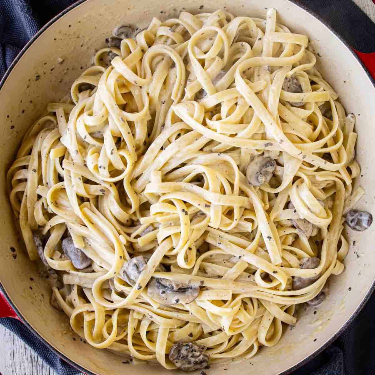 Truffled Pasta in a shallow pan viewed from above.