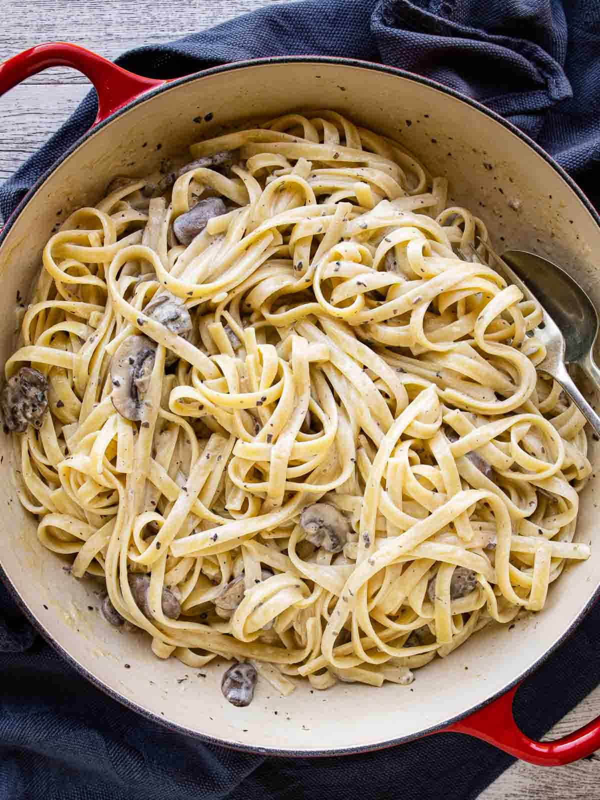 Truffled Pasta in a shallow pan viewed from above.