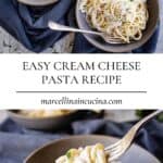 Cream cheese pasta in a bowl being twirled onto a fork.