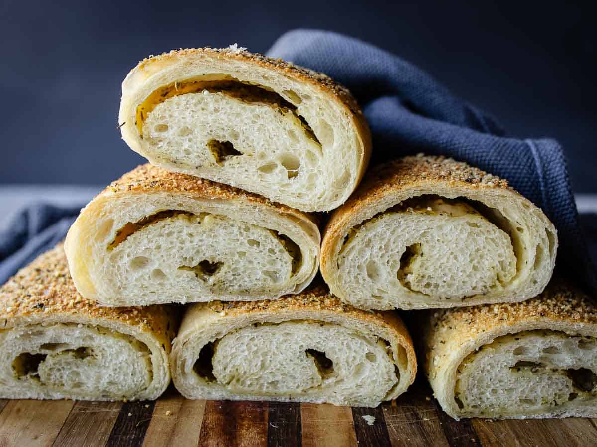 Cross section of stacked bread rolls.