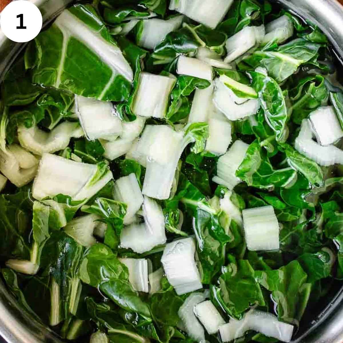 Chopped Swiss chard in water.
