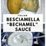 Thick white sauce in a square bowl in a spoon in the sauce.