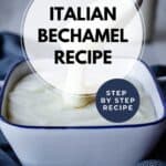 Besciamella sauce pouring off a spoon and into a bowl.