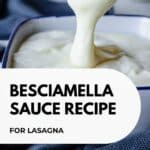 Besciamella sauce pouring off a spoon and into a bowl.