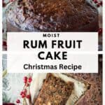 A round Rum Fruit Cake with a two slices cut and pulled out to show the inside of the cake.