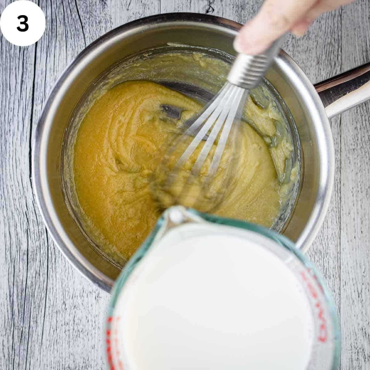 Pouring milk into butter and flour mixture.