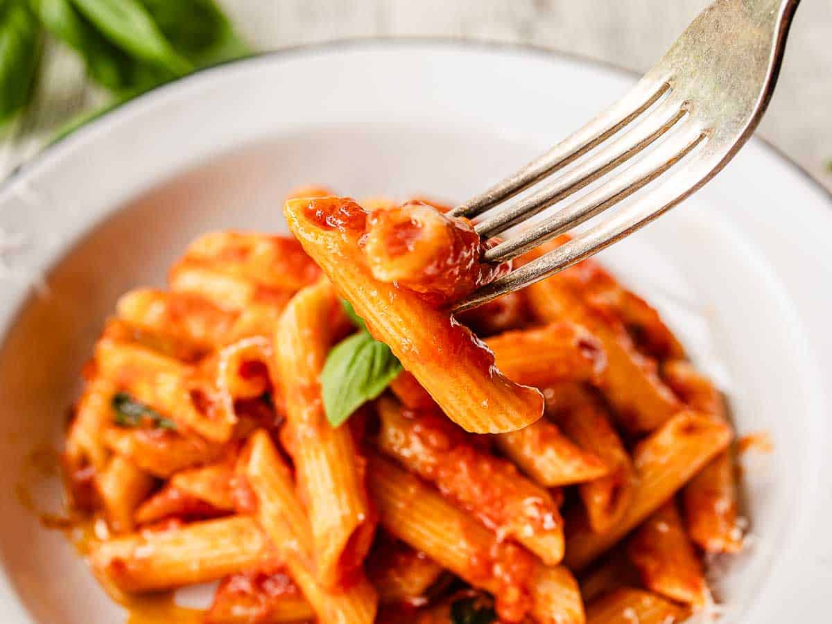 Two penne pasta pieces coated in Italian tomato pasta sauce on a fork.