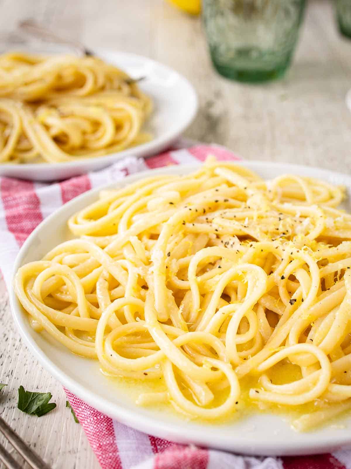 Lemon Pasta Recipe prepared and on a plate.