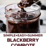 Blackberry compote being spooned into a glass jar.