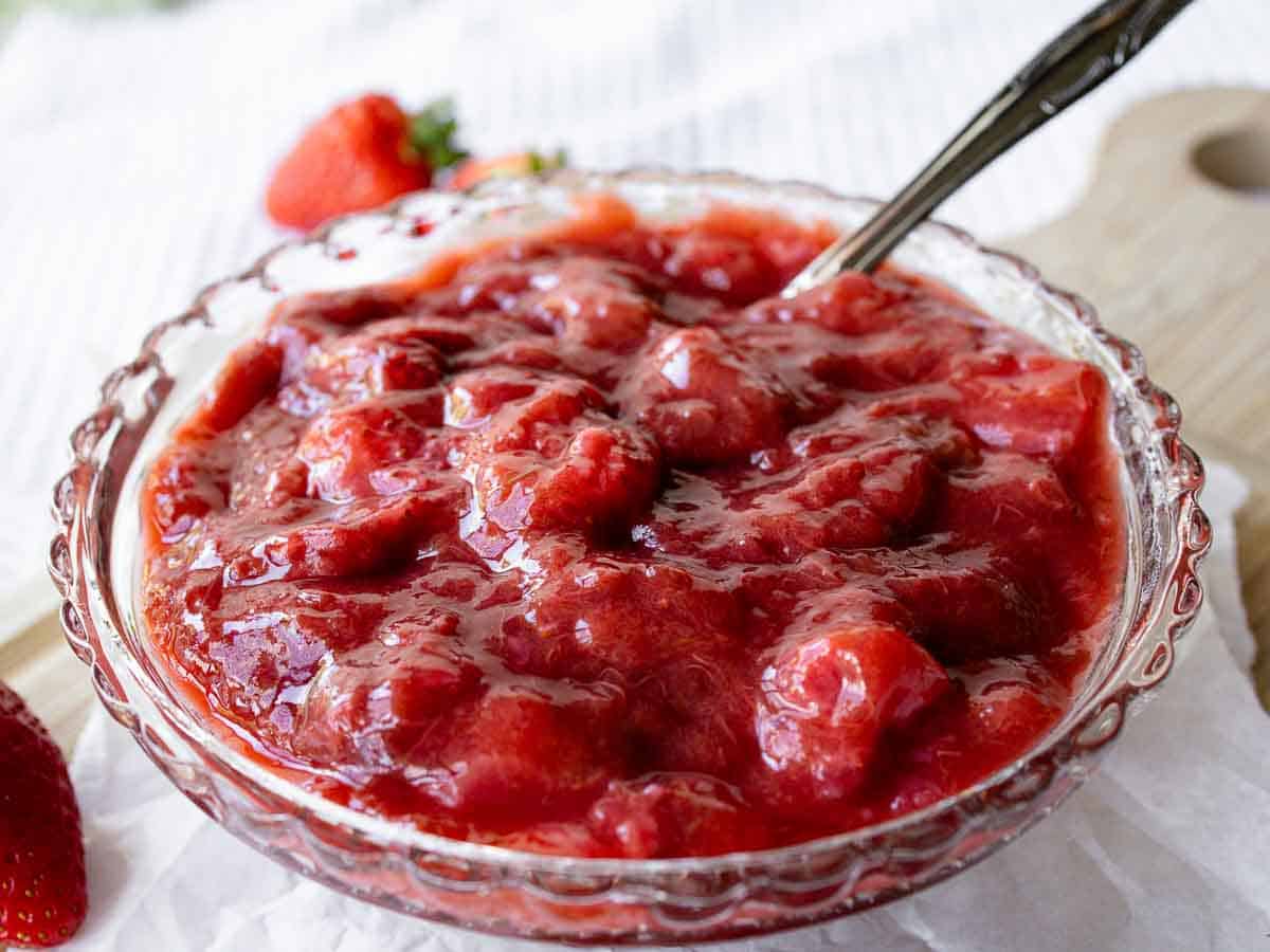 Berry and rhubarb compote on a bowl.