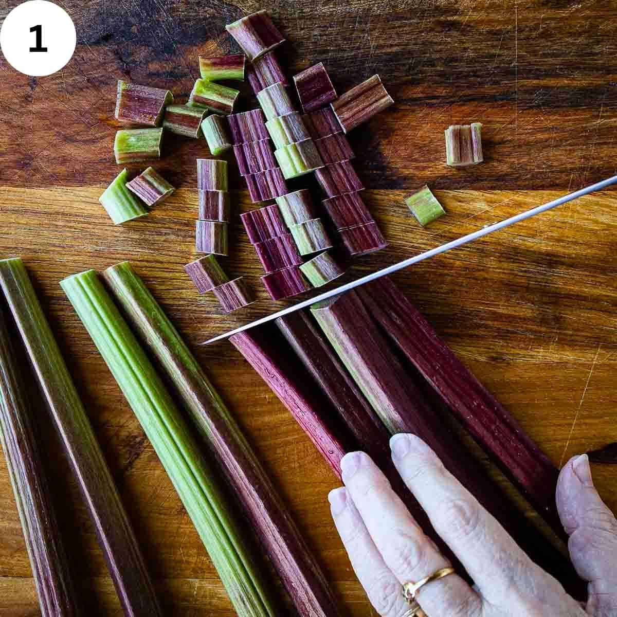 Cutting rhubarb stalks.