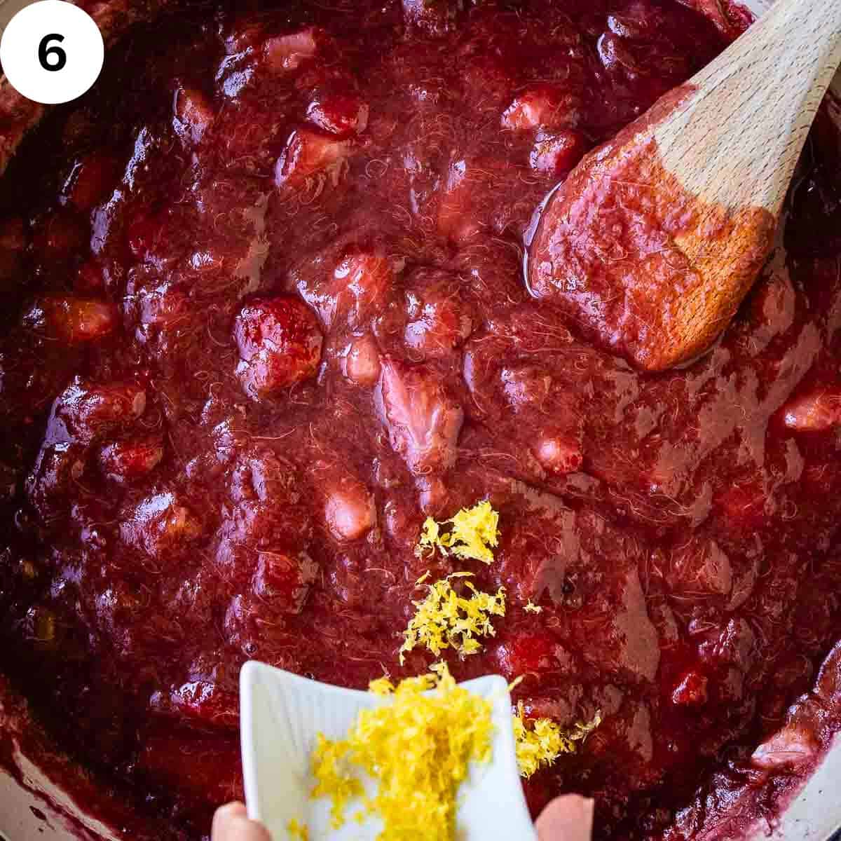 Adding lemon zest to rhubarb and strawberry compote.