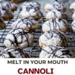 Chocolate drizzled cannoli cookies on a cooling rack.