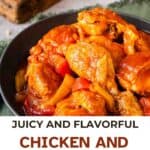 This is a chicken and peppers recipe prepared and served in a shallow bowl.