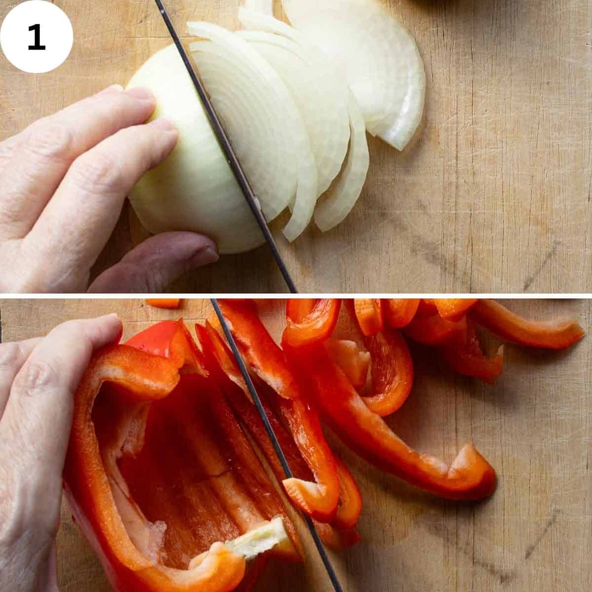 Chopping the onion and bell pepper.