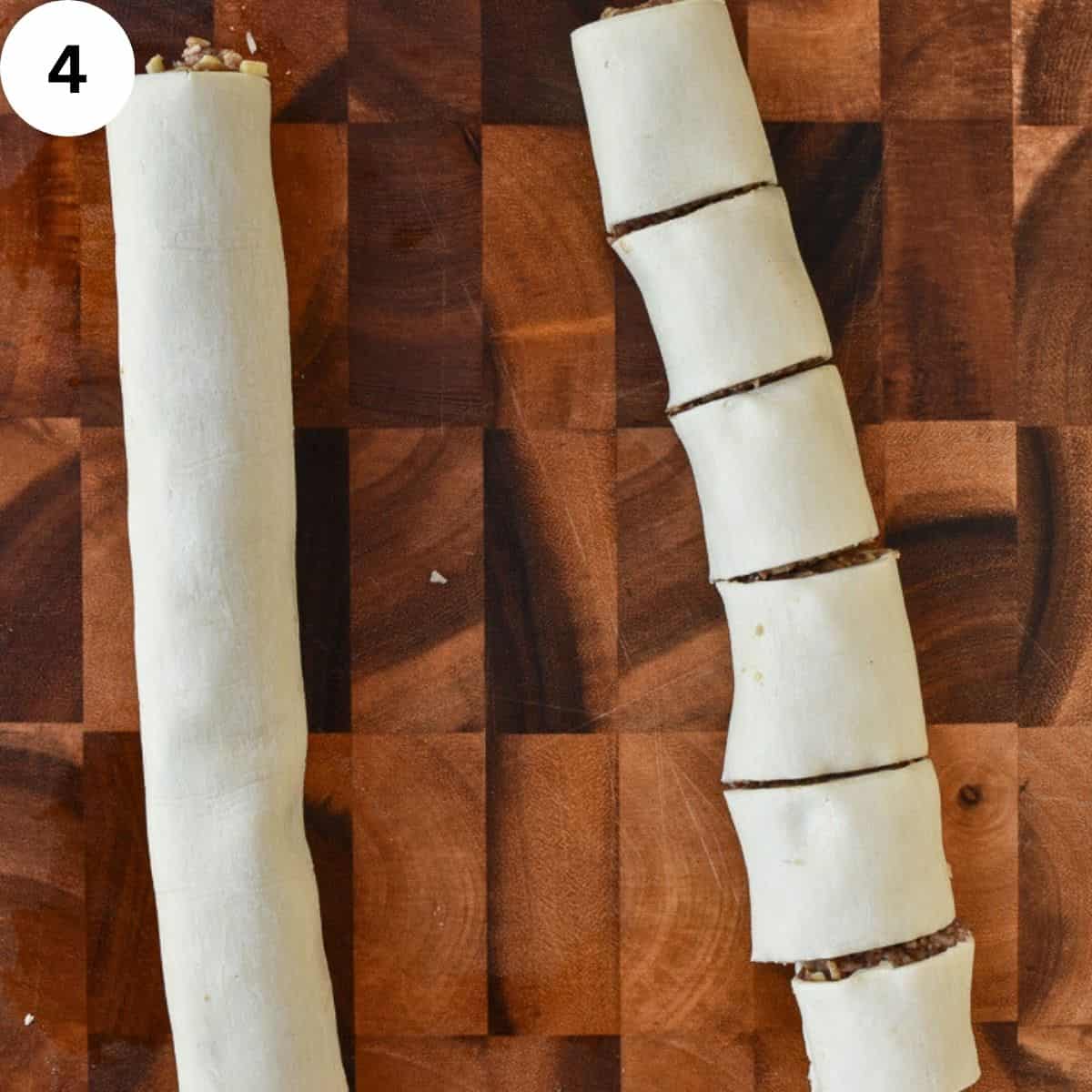 Two rolled up sheets of puff pastry dough with filling to form a log. One log cut into six pieces.