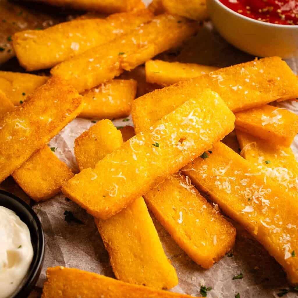 Pile of crispy fried polenta sticks with dipping sauces.