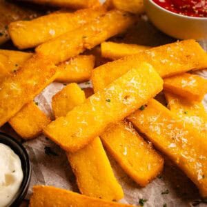Pile of crispy fried polenta sticks with dipping sauces.
