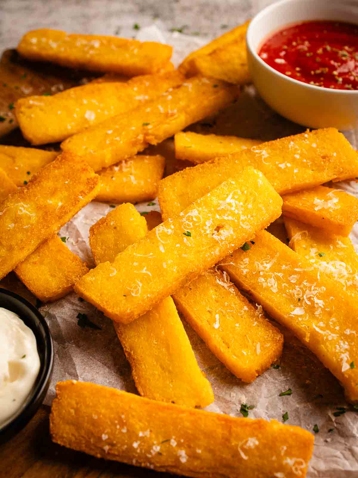 Pile of crispy fried polenta sticks with dipping sauces.