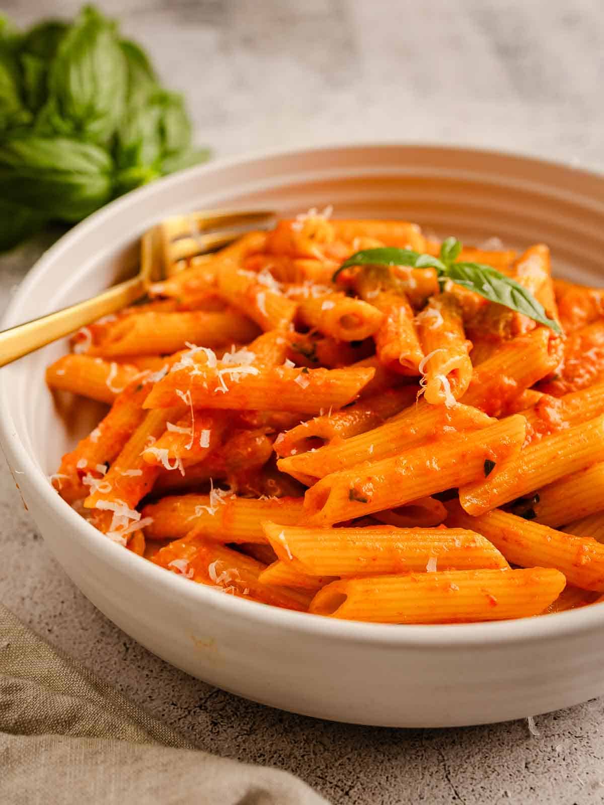 A bowl of penne pasta coated in a creamy red sauce.
