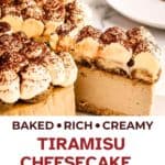 Baked tiramisu cheesecake with a slice cut and being removed on a cake server.