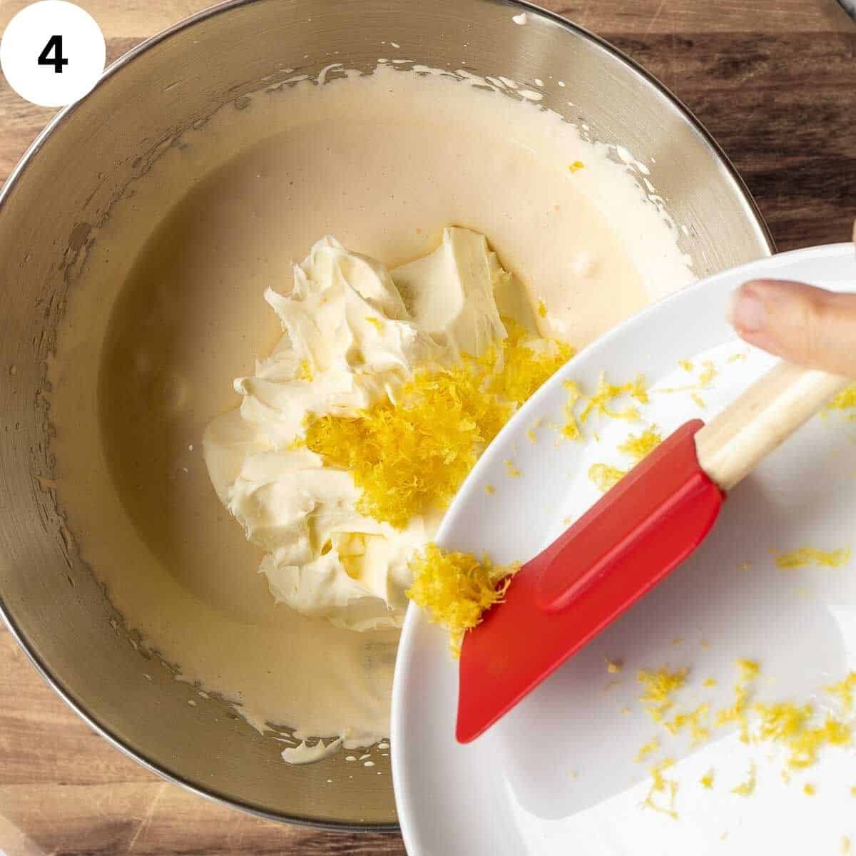 Adding grated lemon zest to creamy egg yolk mixture and mascarpone.