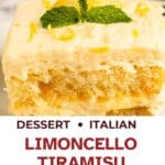 Square slice of Limoncello Tiramisu on a plate showing layers of savoiardi and cream filling.