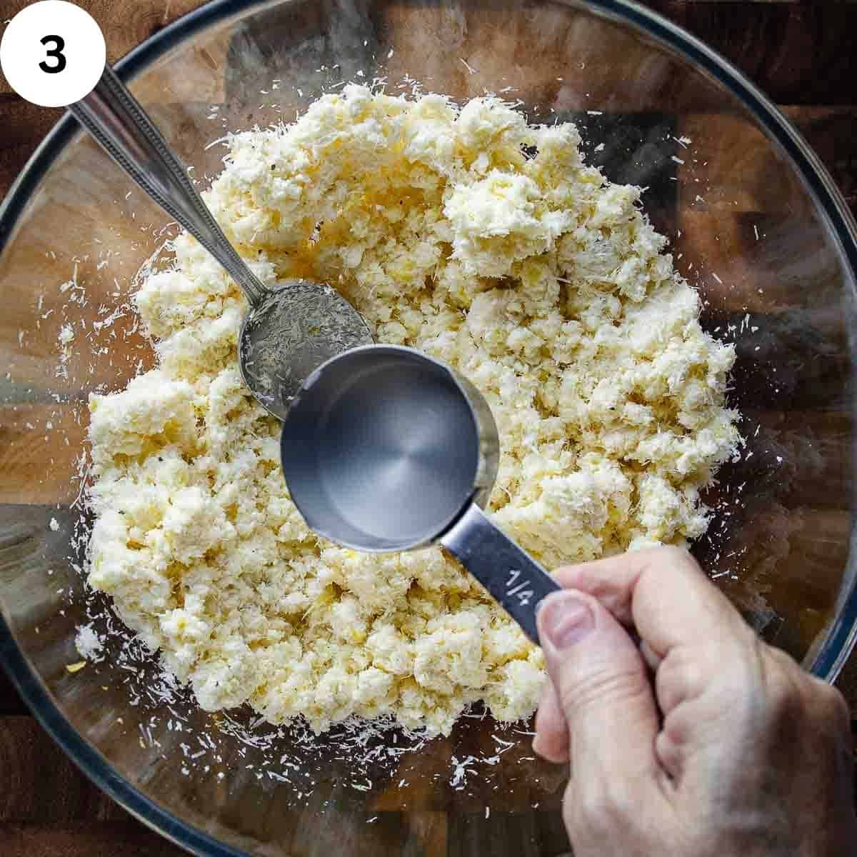 Adding pasta water to ricotta cheese mixture.
