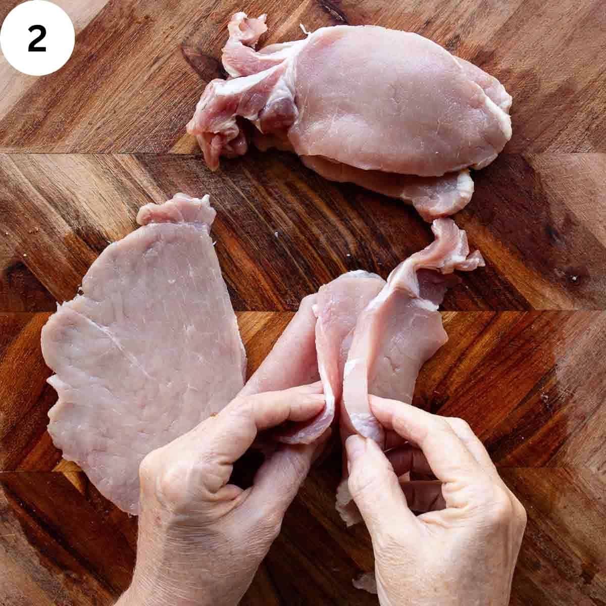 Checking the thinness of pork slices.